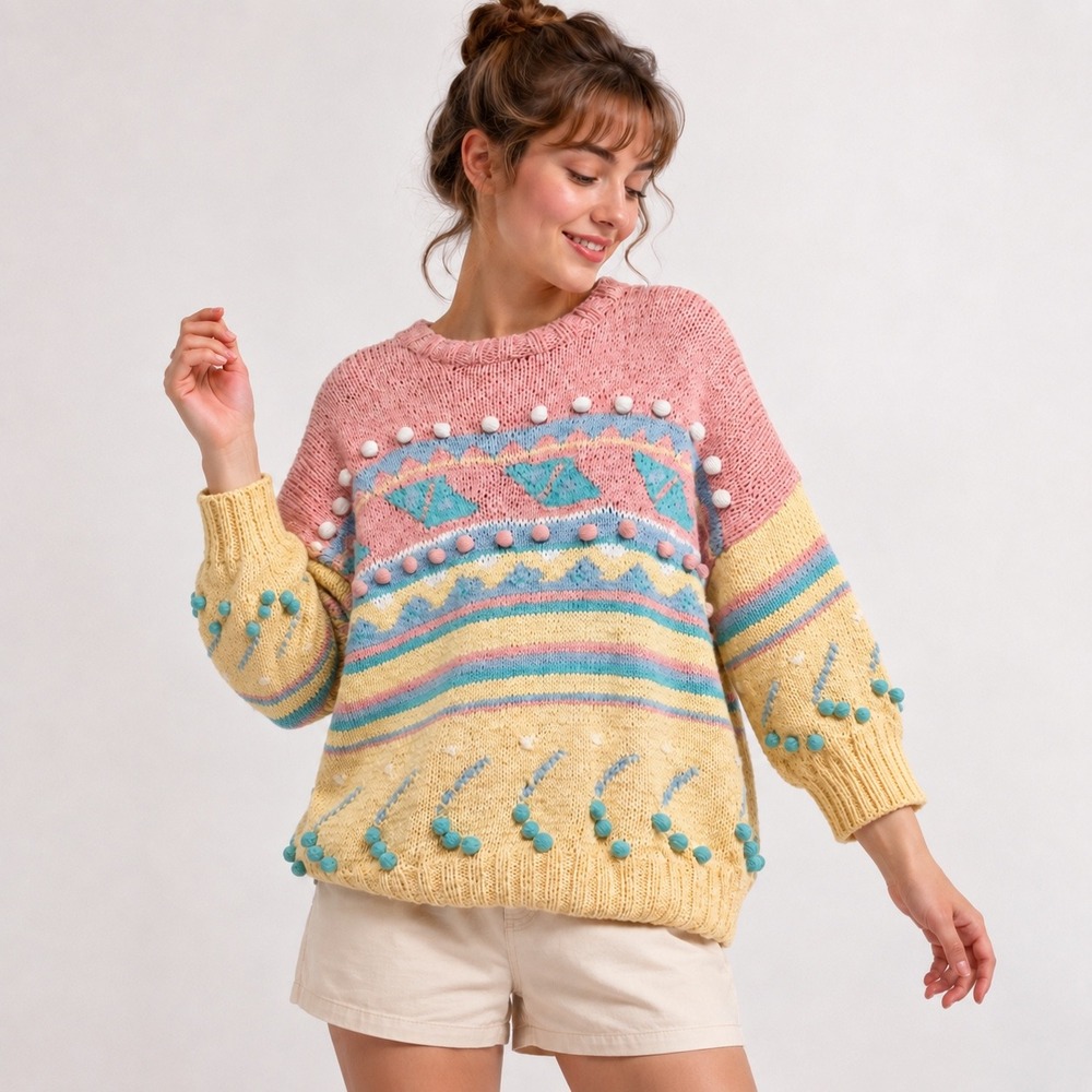 Hand Knit Grandma Sweater Pastel l Women's Small Medium Whimsical Fairy Cotton